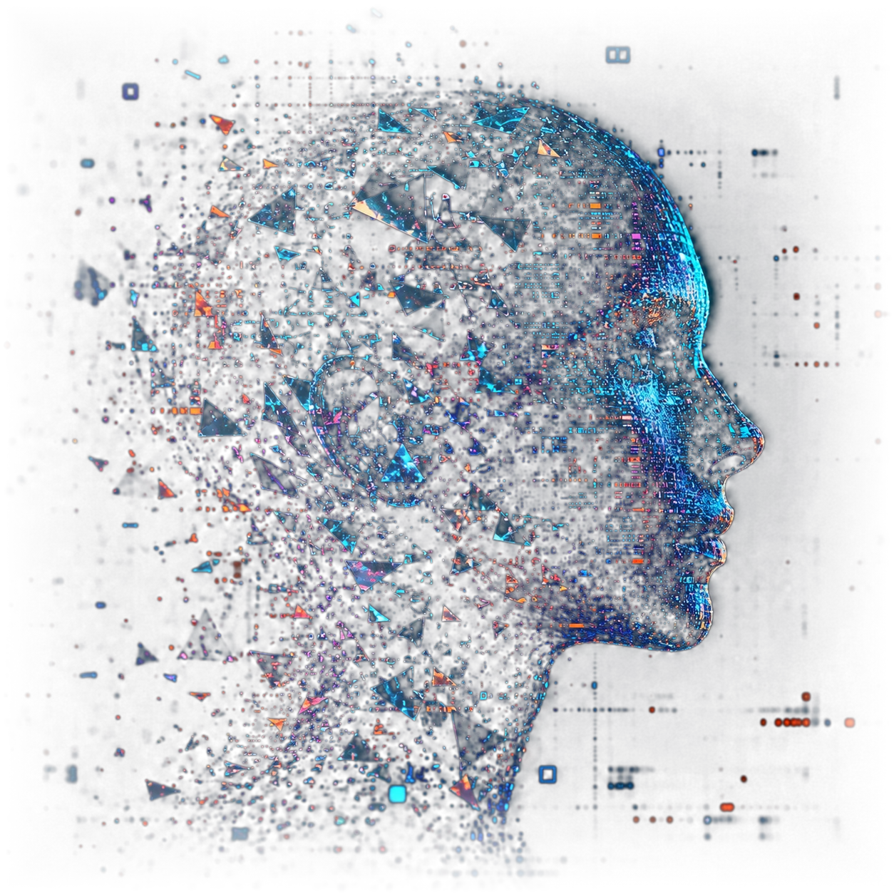 Perfil abstracto de datos hecho con partículas de código y fragmentos de vidrio