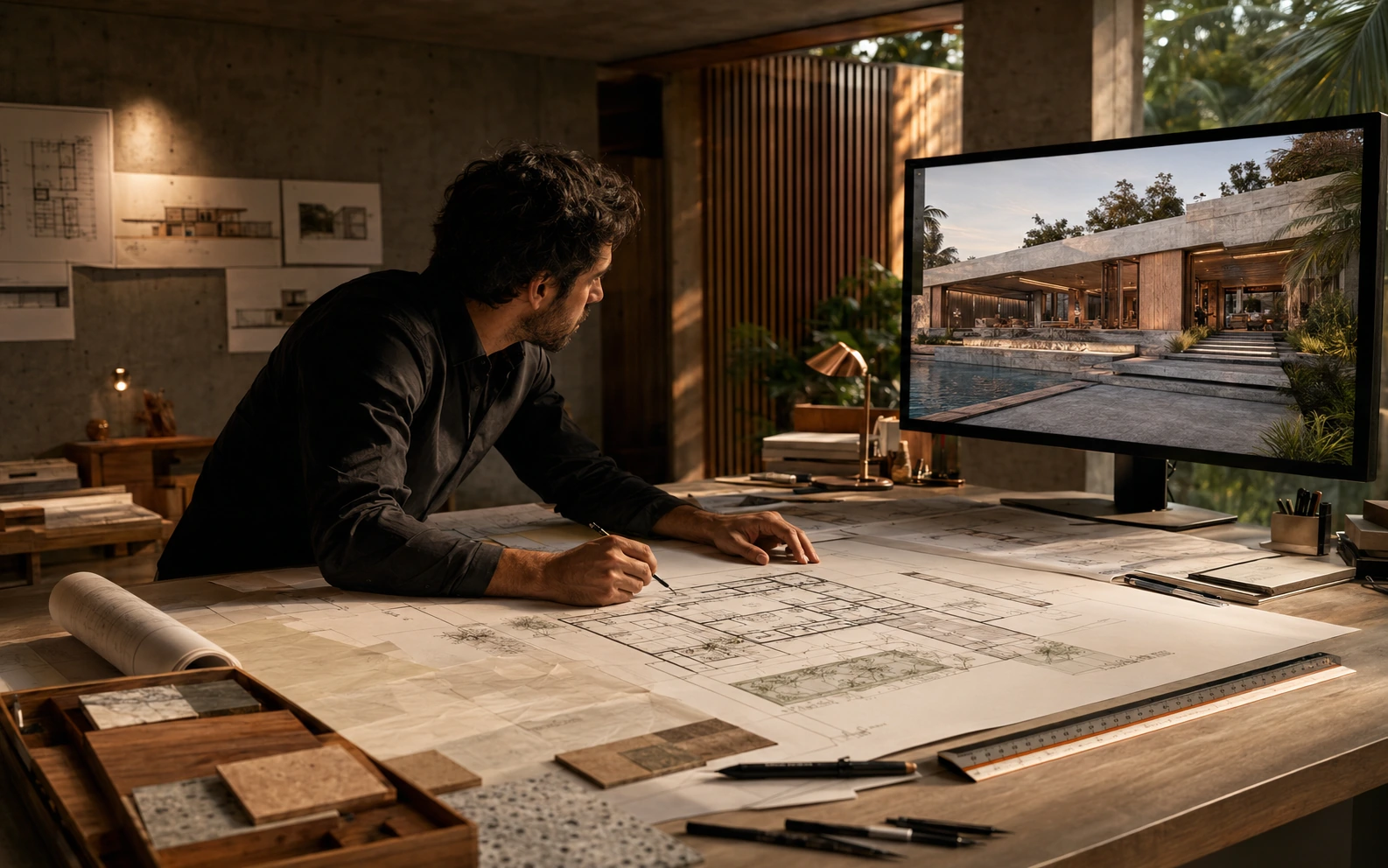 Architectural visualization studio showing plans and a hyper-real tropical building render