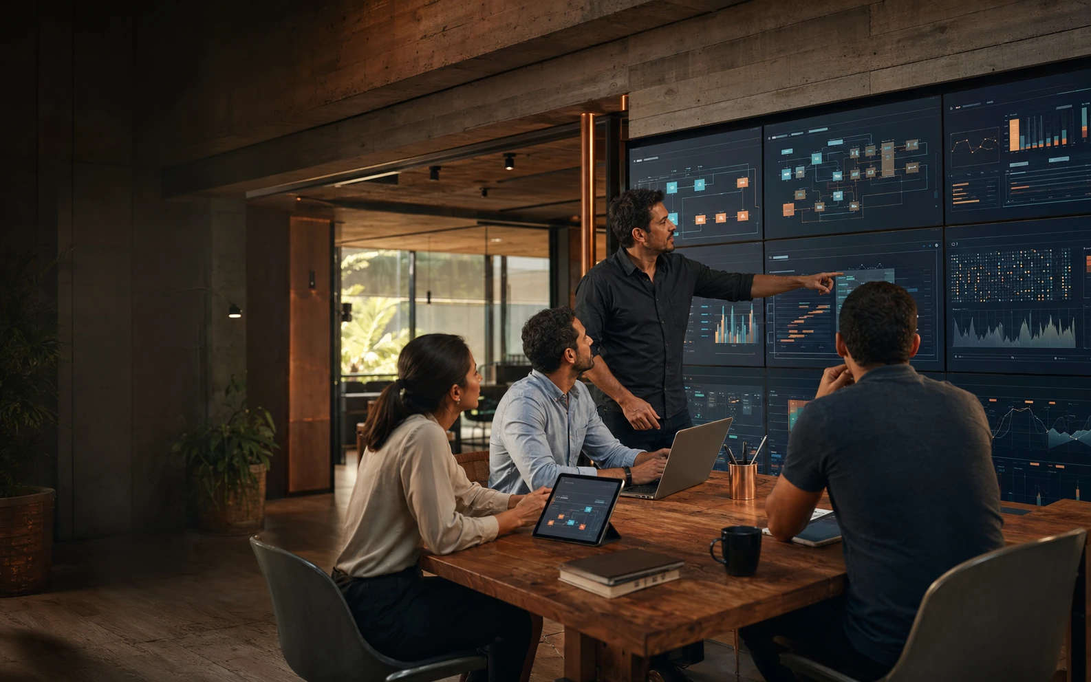 Operations team using a connected business system in a warm modern studio