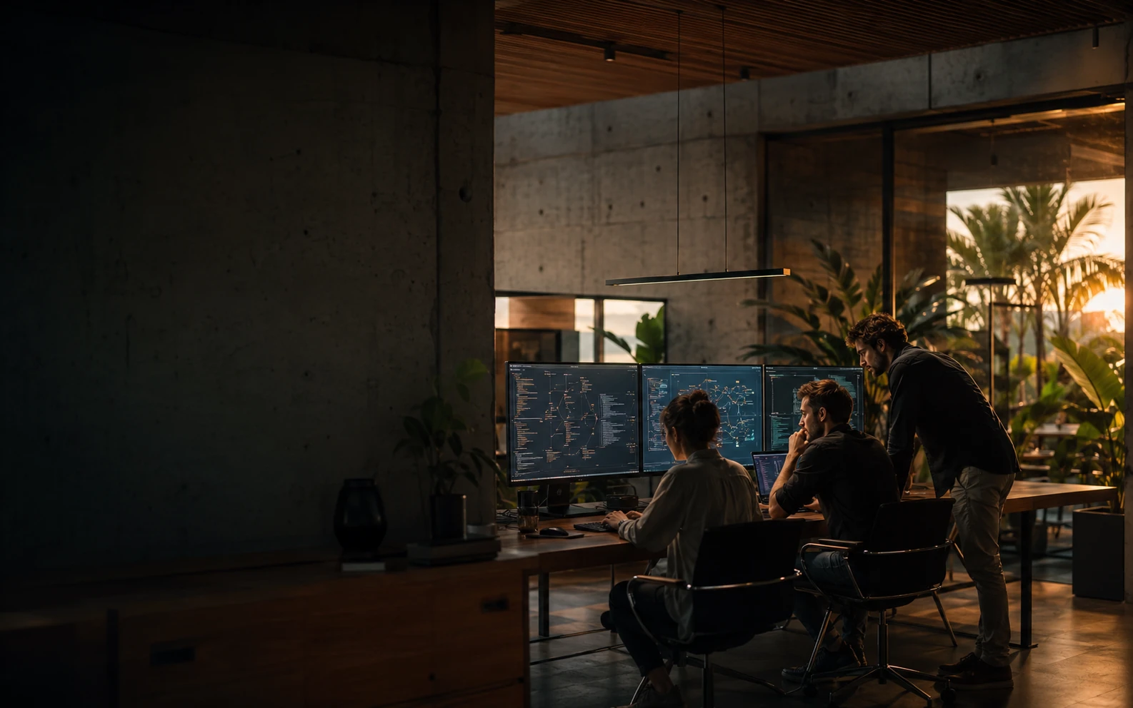 Software engineers reviewing a digital product architecture in a warm technology studio