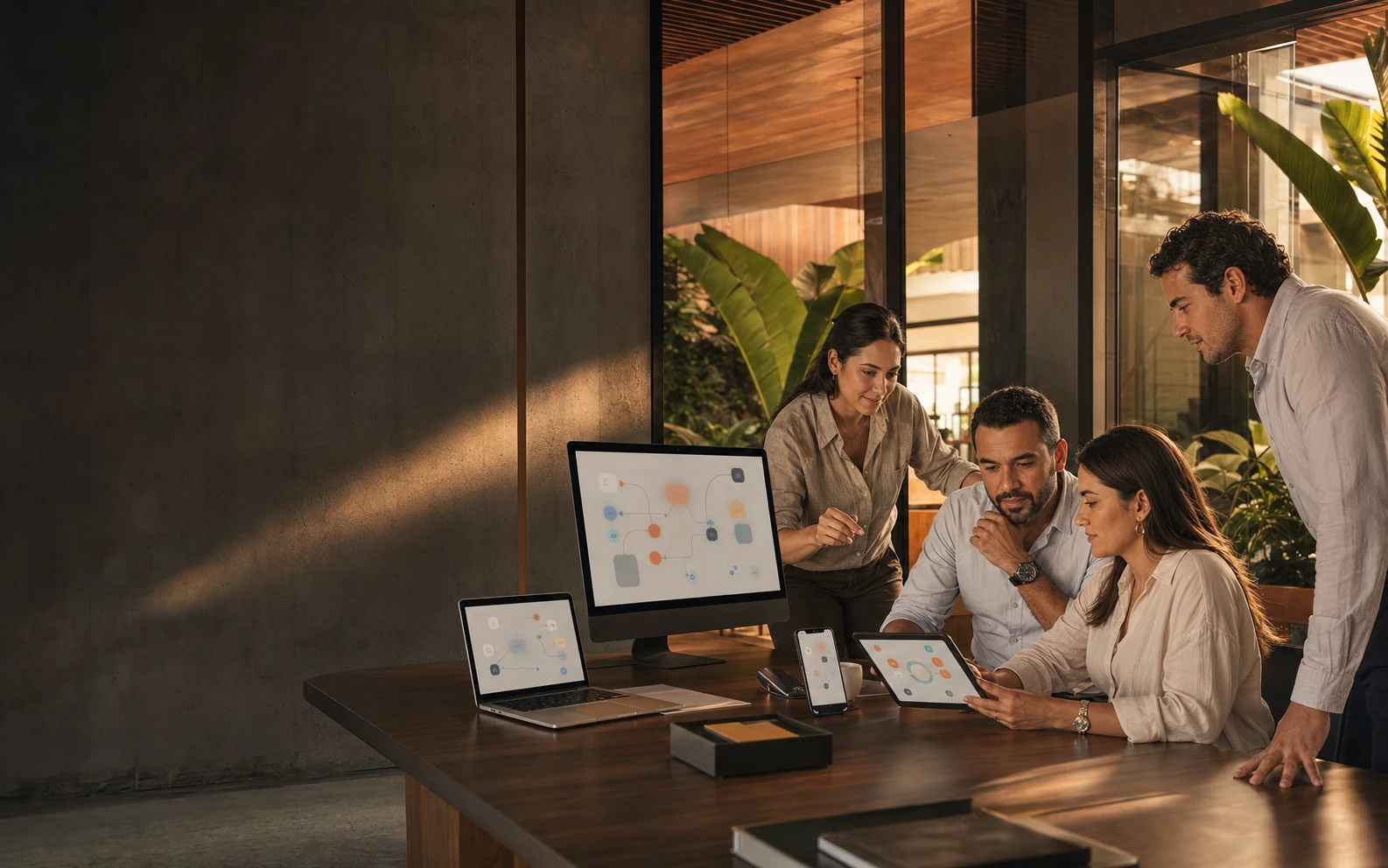 Commercial team reviewing a connected bilingual customer journey and automation flow
